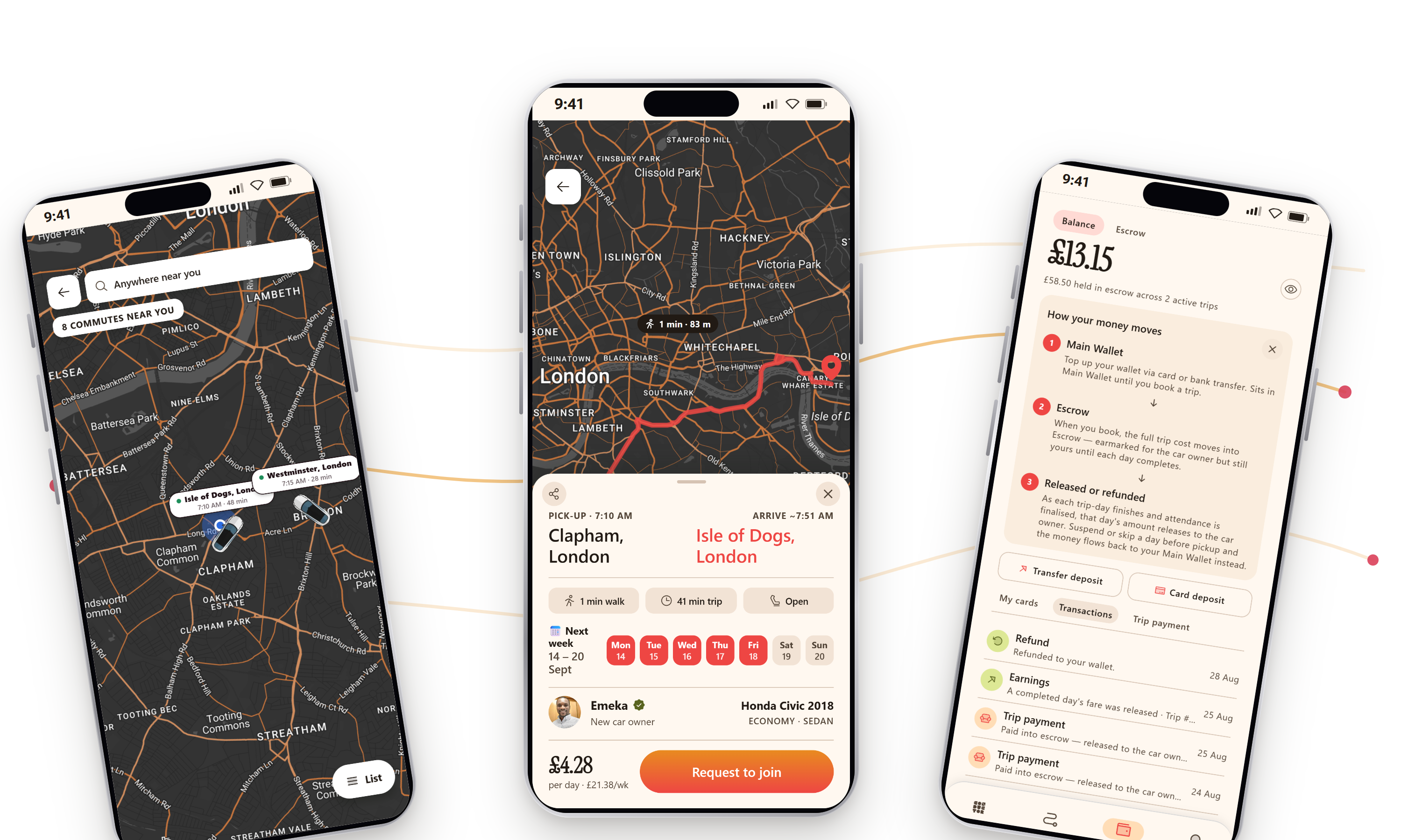 Three passenger app screens on London routes: the map of commutes near Clapham, the Clapham to Canary Wharf trip, and the wallet showing money held in escrow