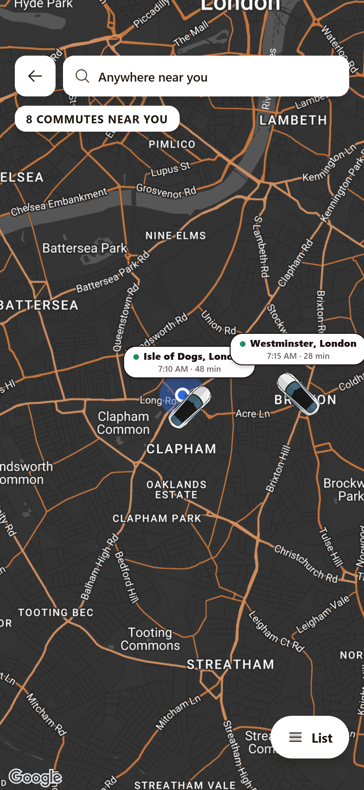 Passenger app map of south London showing published commutes near Clapham
