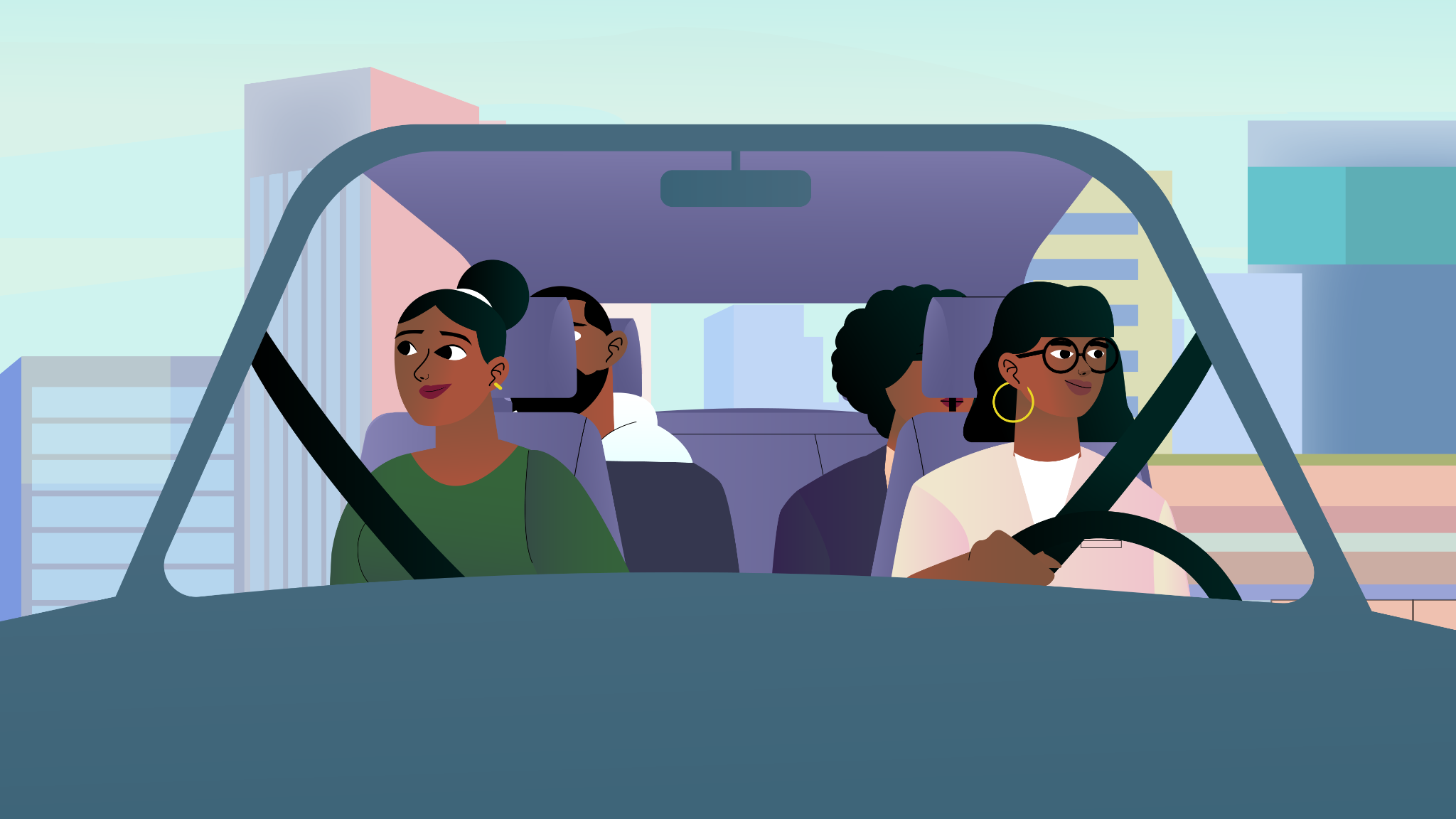 A carful of passengers riding together