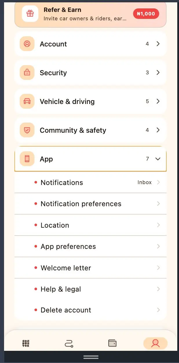 Account menu with the App section expanded, showing the Delete account option