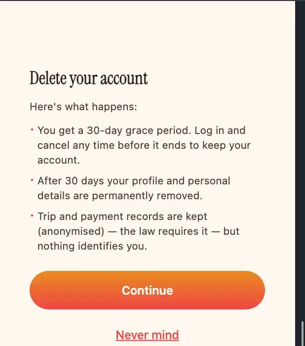 Delete your account screen explaining the 30-day grace period and what gets removed
