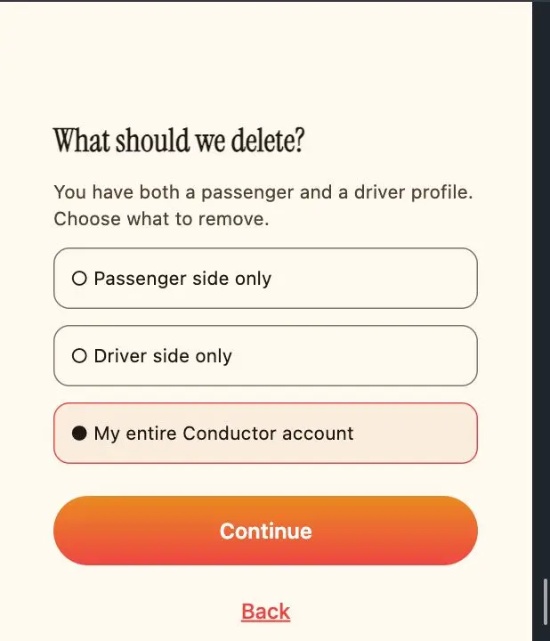 What should we delete screen, choosing between Passenger side, Car Owner side, or the entire account