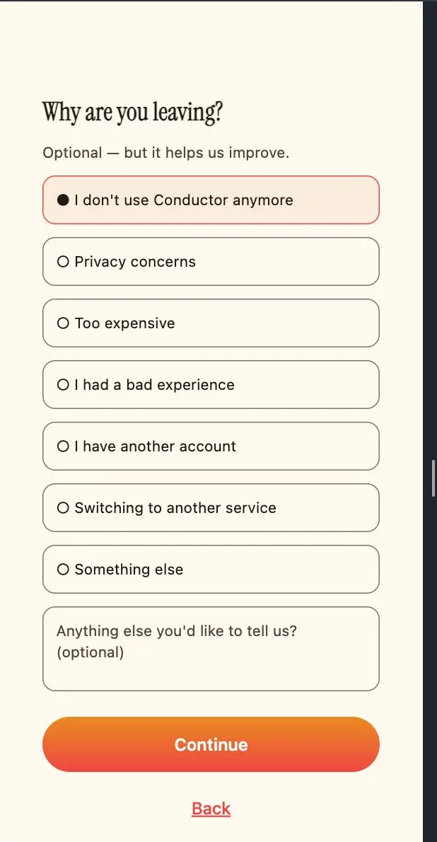 Optional feedback screen asking why you are leaving