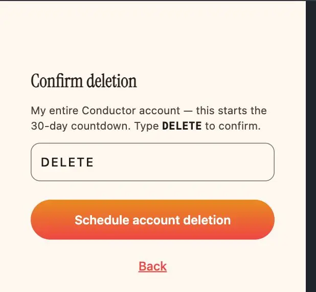 Confirm deletion screen, typing DELETE to schedule account deletion